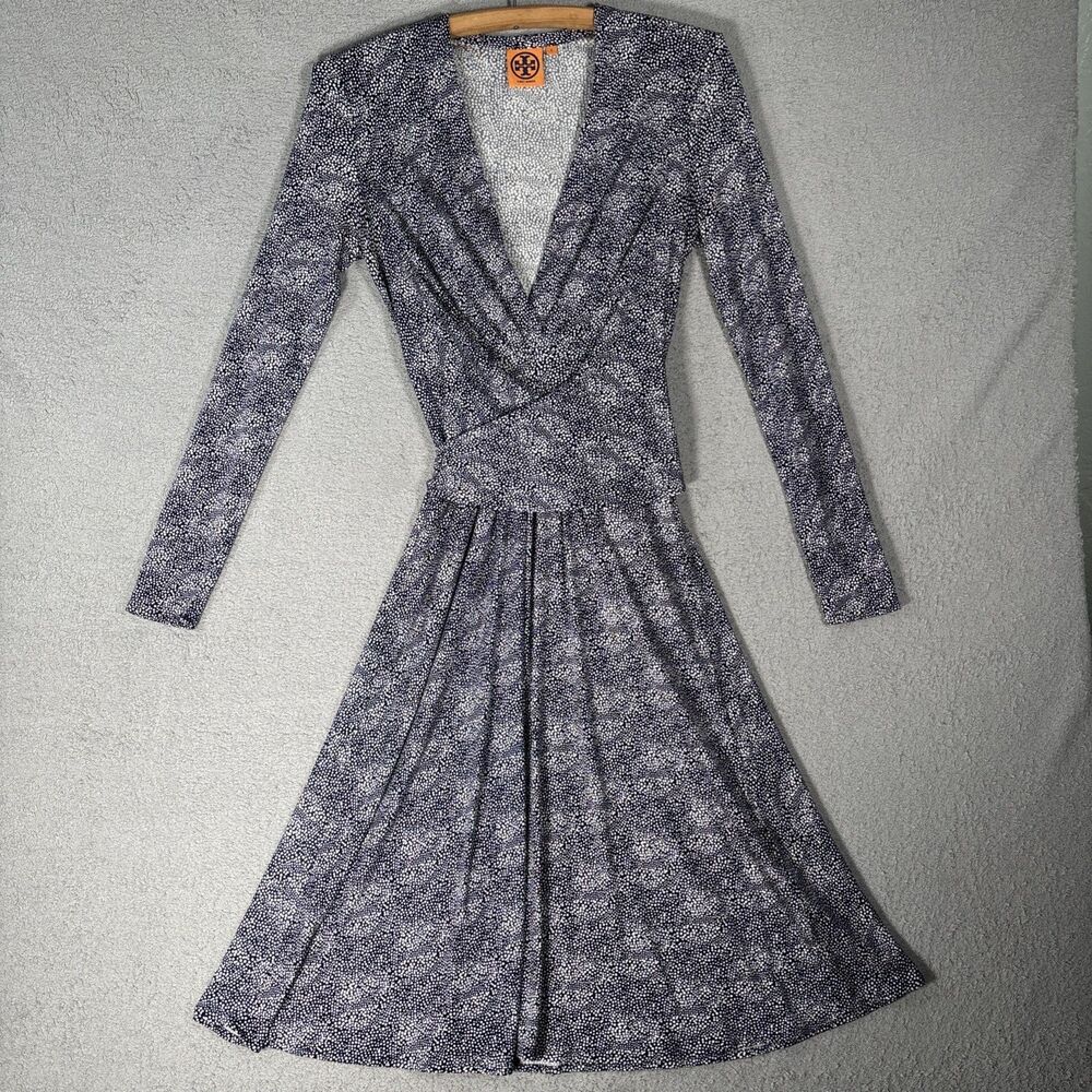 Tory Burch Dress Women Size S Navy Blue Vanessa Interlock Jersey Silk Wrap Dress